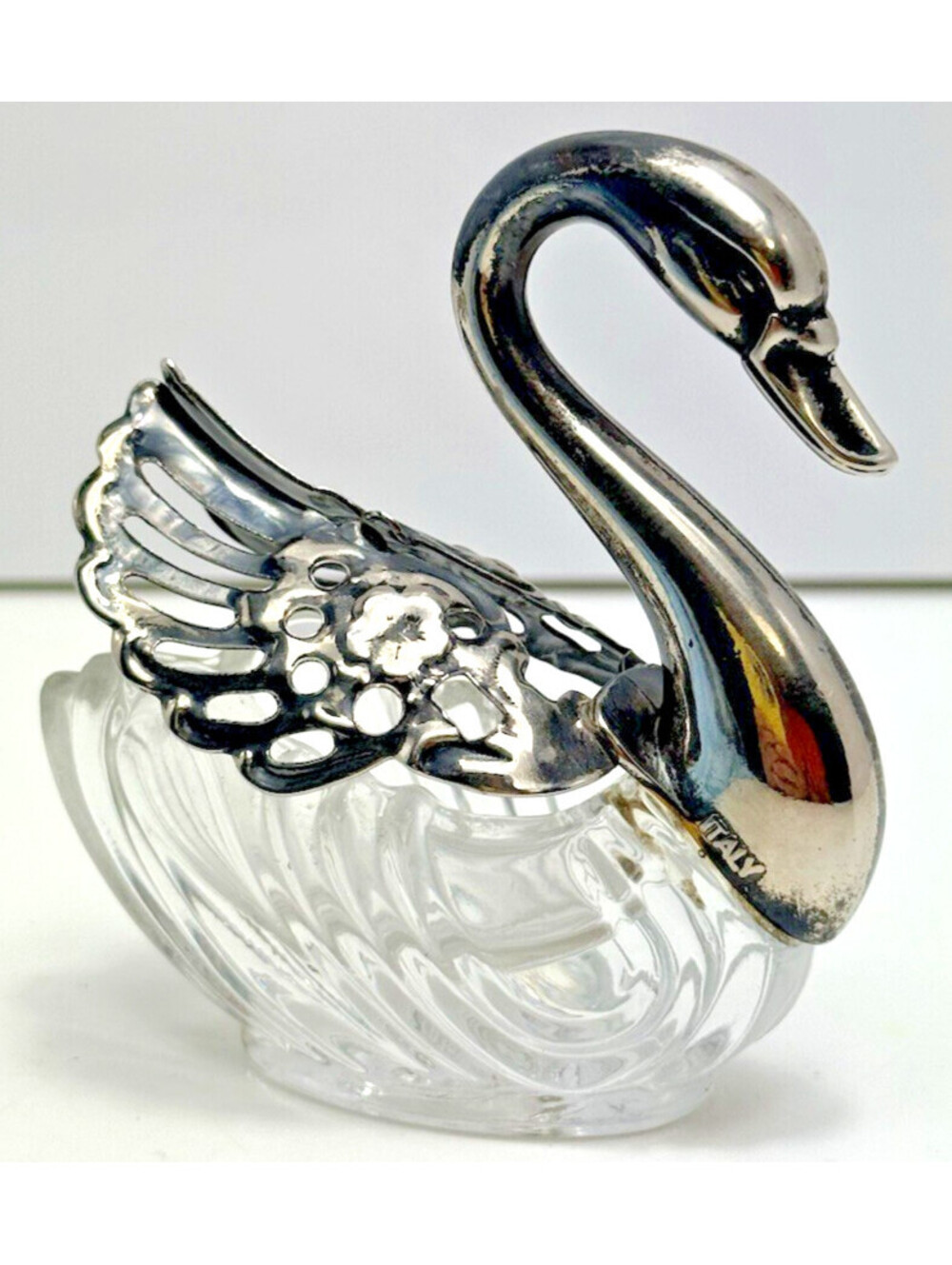 Vtg 1950's Silverplate Clear Glass Swan Salt Cellar Italy Italian Made MCM Mini